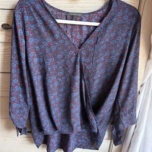West Kei Floral V-Neck Blouse - Blue and Red